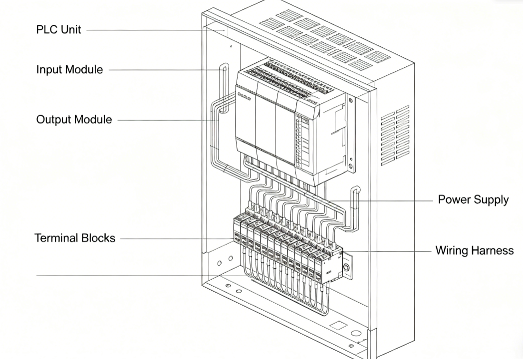 Practical PLC system setup with CPU module, I O modules and industrial control panel.png